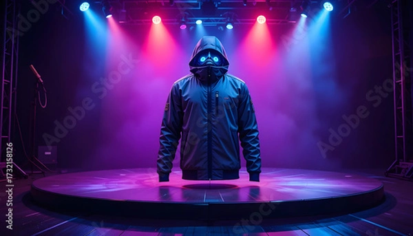 Obraz Futuristic hooded jacket with glowing blue goggles on stage image