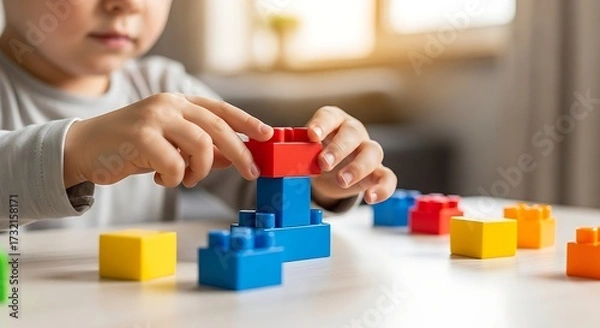 Fototapeta Close-up of a young child's hands building a tower with colorful interlocking plastic toy blocks on a white table, promoting early childhood development and creative play