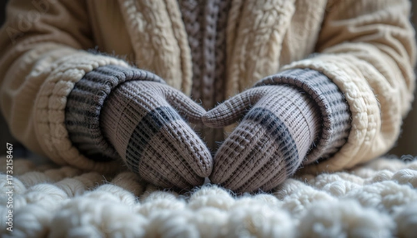 Obraz Hands in knitted gloves forming heart shape on cozy blanket image