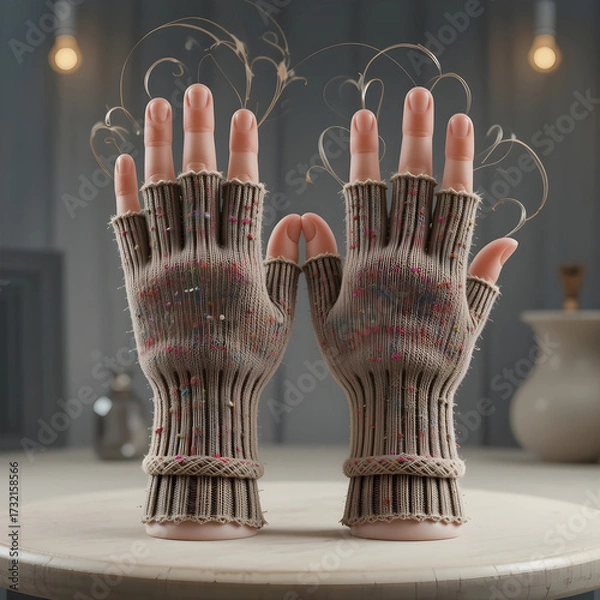 Obraz Knitted fingerless gloves with colorful flecks on mannequin hands image