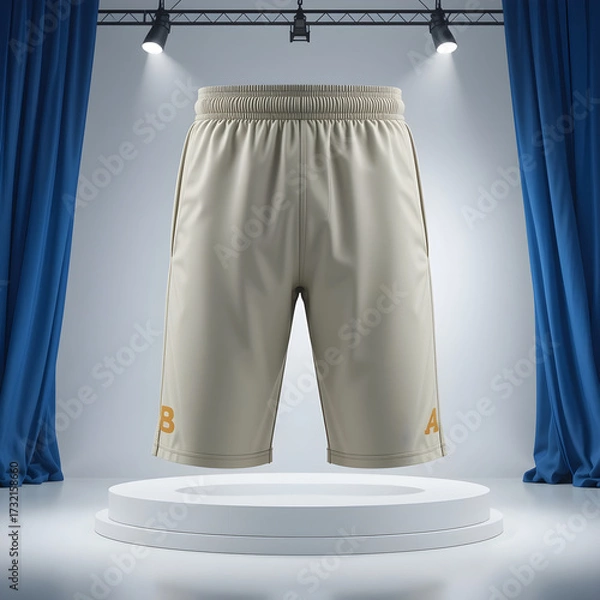 Obraz Light beige shorts with orange letters B and A displayed on a white podium pants clothing