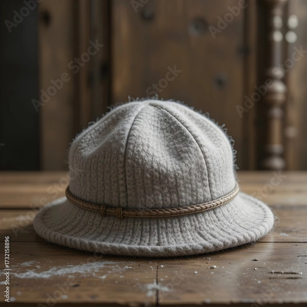 Obraz Light grey knitted bucket hat with braided band on wooden table image