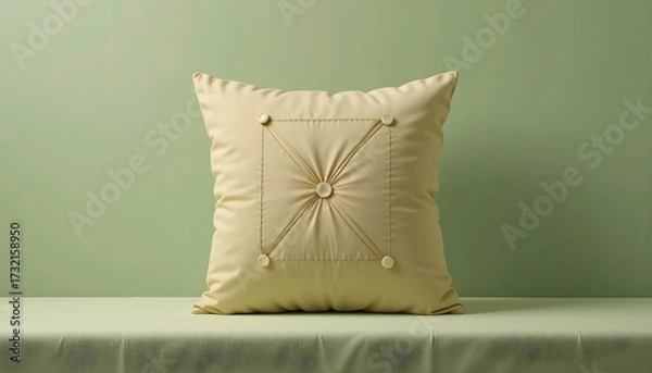 Obraz Light yellow square pillow with tufted center and buttons cushion beige