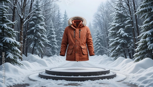 Obraz Orange winter parka with fur hood floats above snowy forest display jacket
