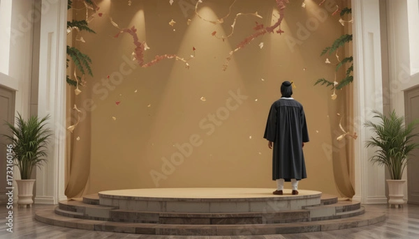 Obraz Person in graduation gown stands on circular stage with falling confetti and greenery image