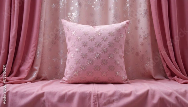 Obraz Pink decorative pillow with star pattern on pink fabric background cushion textile