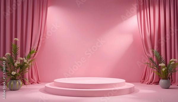 Obraz Pink stage with two tiers and potted plants flanked by draped curtains podium display