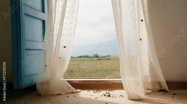 Fototapeta Tranquil Room with Flowing Curtains View