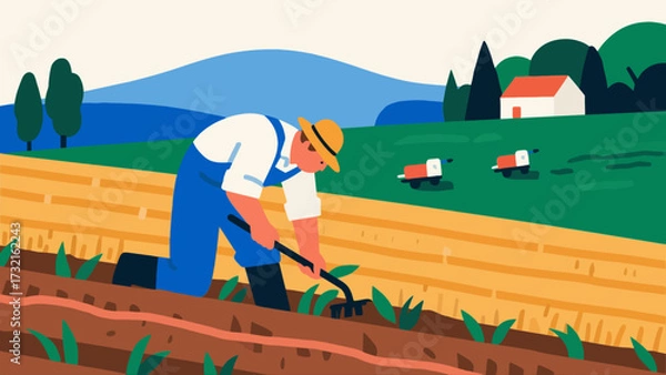 Obraz Farmers are doing farm work in the fields, with cartoon hand-drawn vector illustrations