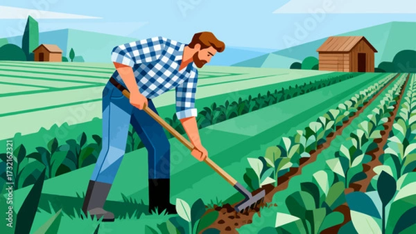 Obraz Farmers are doing farm work in the fields, with cartoon hand-drawn vector illustrations