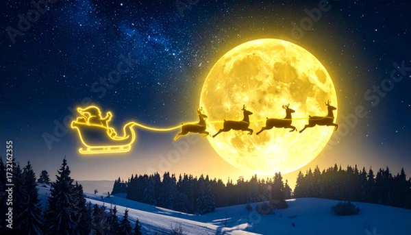 Fototapeta Santa’s sleigh outlined in neon light, pulled by glowing reindeer flying across a starry sky with large yellow moon