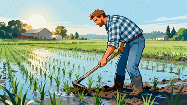 Obraz Farmers are doing farm work in the fields, with cartoon hand-drawn vector illustrations
