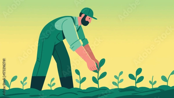 Obraz Farmers are doing farm work in the fields, with cartoon hand-drawn vector illustrations
