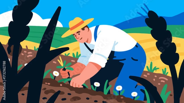 Obraz Farmers are doing farm work in the fields, with cartoon hand-drawn vector illustrations