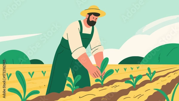 Obraz Farmers are doing farm work in the fields, with cartoon hand-drawn vector illustrations