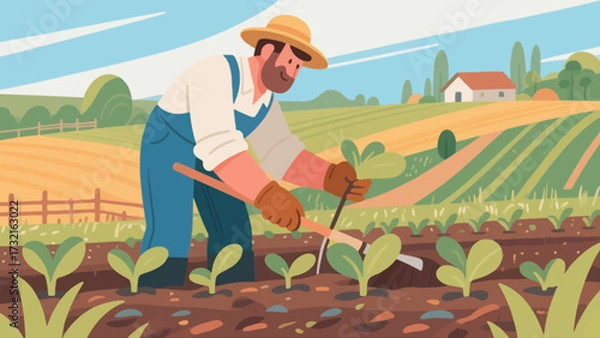 Obraz Farmers are doing farm work in the fields, with cartoon hand-drawn vector illustrations