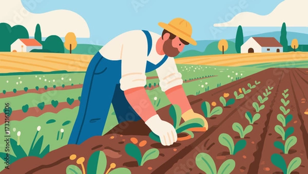 Obraz Farmers are doing farm work in the fields, with cartoon hand-drawn vector illustrations