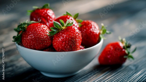 Fototapeta Close-up of fresh strawberries in a white bowl on a dark wooden table