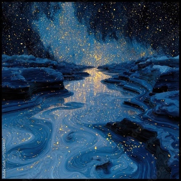 Fototapeta Abstract Blue Landscape with Golden Particle Lights and River