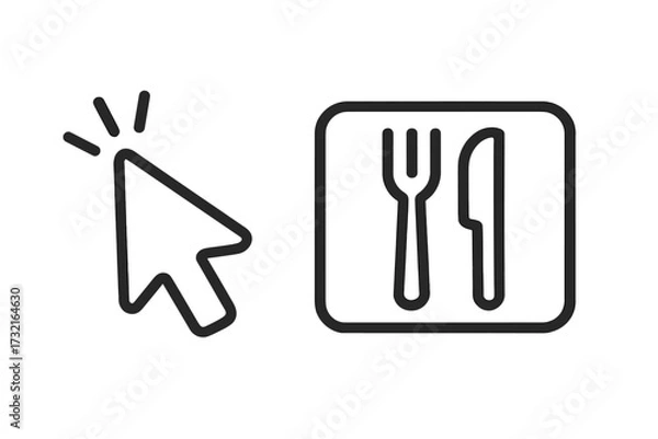 Fototapeta Online food ordering vector concept. Food delivery service. Click cursor pointer on restaurant sign with fork and knife. Choose a cafe, dinner menu. Booking a table. Takeaway.