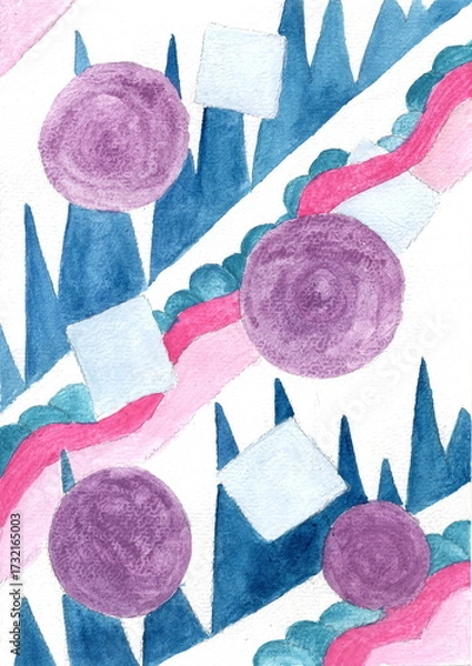 Fototapeta This watercolor illustration depicts a dynamic composition of geometric shapes and vibrant lines. The background is filled with diagonal blue triangles reminiscent of peaks or teeth. 