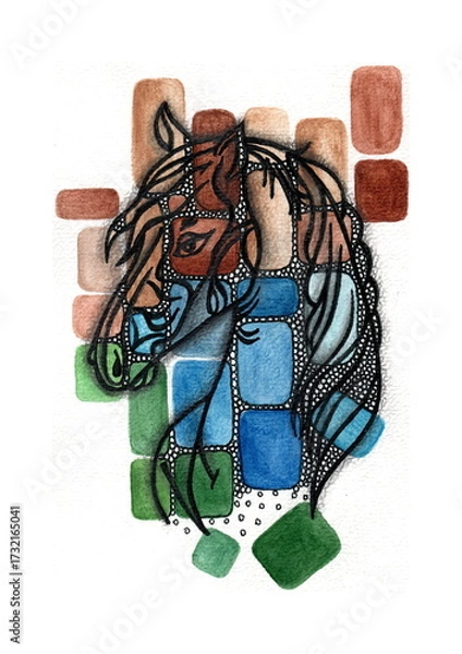 Fototapeta A horse head silhouette created using a combination of watercolor colored rectangles and smooth black lines. The figure is assembled from a mosaic of warm brown, azure, blue, and green hues. 