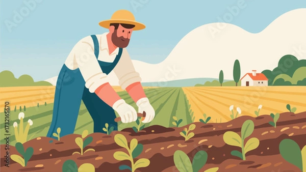 Obraz Farmers are doing farm work in the fields, with cartoon hand-drawn vector illustrations
