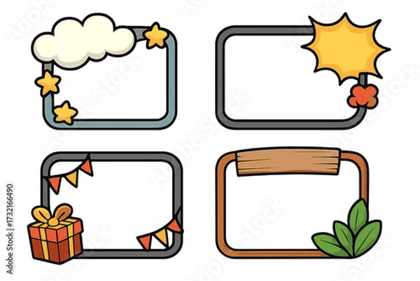 Fototapeta Cartoon vector decorative frames for text with cloud and stars, sunburst and flower, gift box and party flags, wooden board and leaves, set of fun colorful blank borders