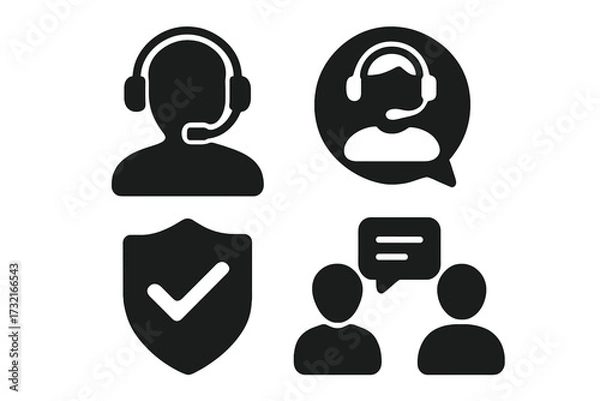 Fototapeta Customer support silhouette icons with headset, communication symbols, verified shield emblem, chat conversation, vector cartoon illustration, transparent background, help desk service set