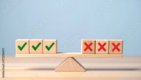 Obraz Balance scale with correct and wrong symbols, concept of evaluation, decision, and comparison.