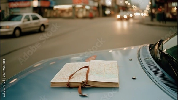 Fototapeta Open Map on Car Hood at Dusk