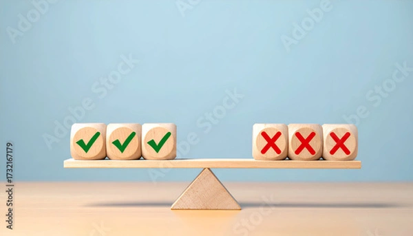 Obraz Wooden balance with check and cross icons, representing pros and cons, analysis, and choice concept.