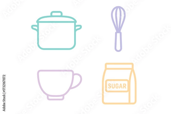 Fototapeta Various kitchen cooking and baking essentials, including a pot, whisk, cup, and sugar bag for culinary themes
