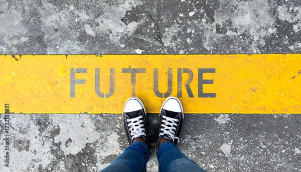 Obraz Feet standing before a yellow line labeled “FUTURE,” symbolizing progress, opportunity, and new beginnings.