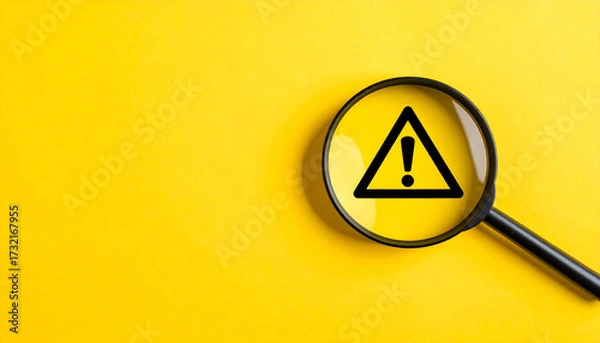 Obraz Magnifying glass focusing on warning sign with exclamation mark on yellow background, symbolizing caution, alert, and risk management concept.