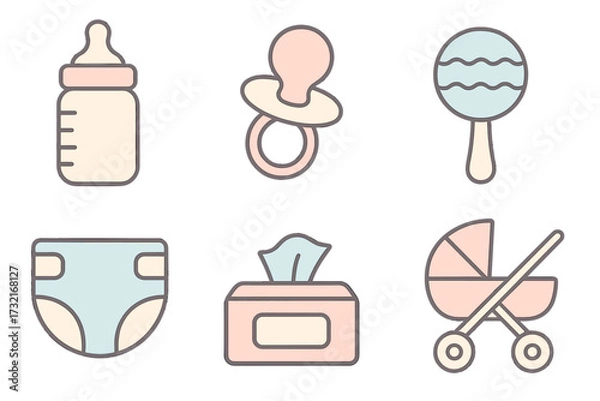 Fototapeta Collection of essential items for newborn baby care including feeding bottle pacifier diaper wipes and stroller