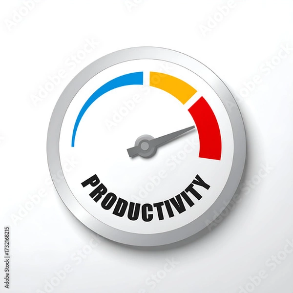 Obraz Productivity gauge with needle in red zone symbolizing maximum efficiency and output.
