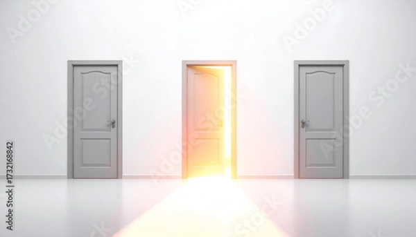 Obraz Open door with sunlight shining through, representing hope, success, and new opportunities.