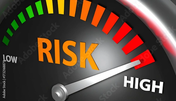 Obraz Close-up of risk meter pointing to high, representing alert, caution, or high-risk decision in finance or crisis management.