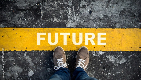 Obraz Motivational concept with shoes on asphalt before a yellow “FUTURE” line, symbolizing journey and goals.