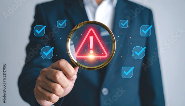 Obraz Hand holding magnifying glass focusing on red warning sign among check marks, symbolizing risk detection.