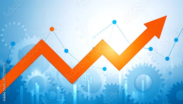 Obraz Orange upward arrow with connected dots and gears representing analytics, growth, and strategy.