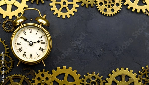 Obraz Time and productivity concept with clock and cogwheels showing organization and workflow.