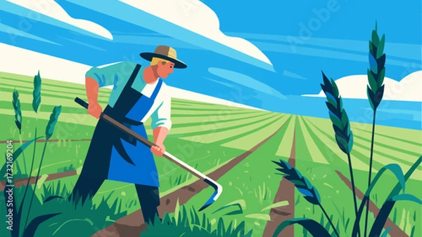 Obraz Farmers are doing farm work in the fields, with cartoon hand-drawn vector illustrations