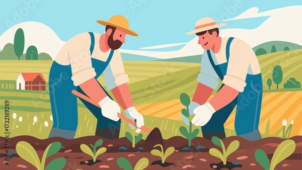 Obraz Farmers are doing farm work in the fields, with cartoon hand-drawn vector illustrations