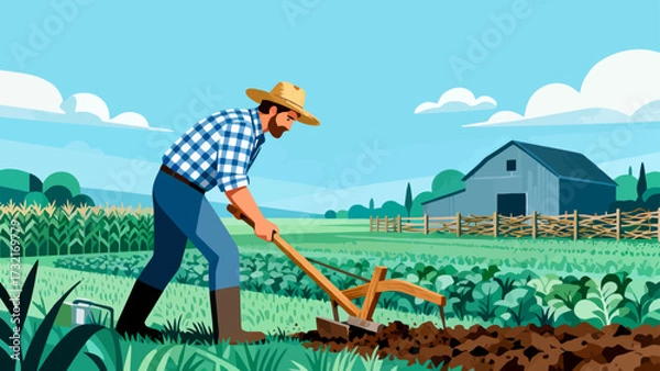 Obraz Farmers are doing farm work in the fields, with cartoon hand-drawn vector illustrations