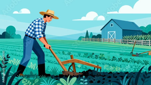 Obraz Farmers are doing farm work in the fields, with cartoon hand-drawn vector illustrations