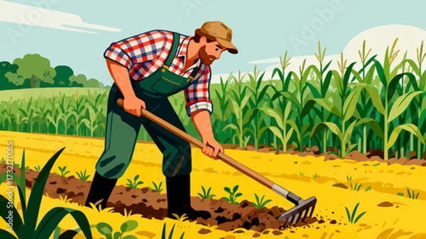 Obraz Farmers are doing farm work in the fields, with cartoon hand-drawn vector illustrations