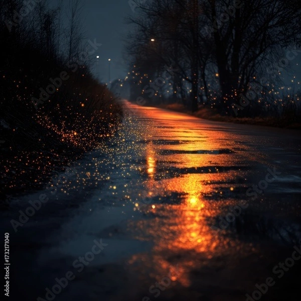 Fototapeta Glistening Wet Road at Night with Orange Reflection and Dark Trees