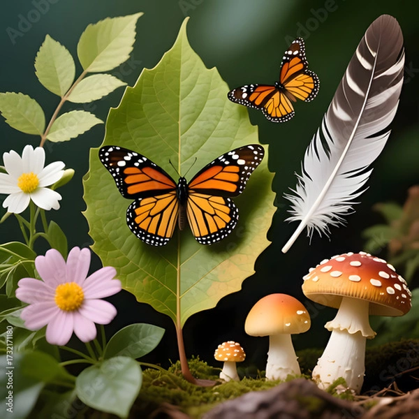 Fototapeta A vibrant and harmonious close-up composition of natural elements. Dominating the center is a beautiful butterfly with striking blue and black wings resting on a fresh green leaf